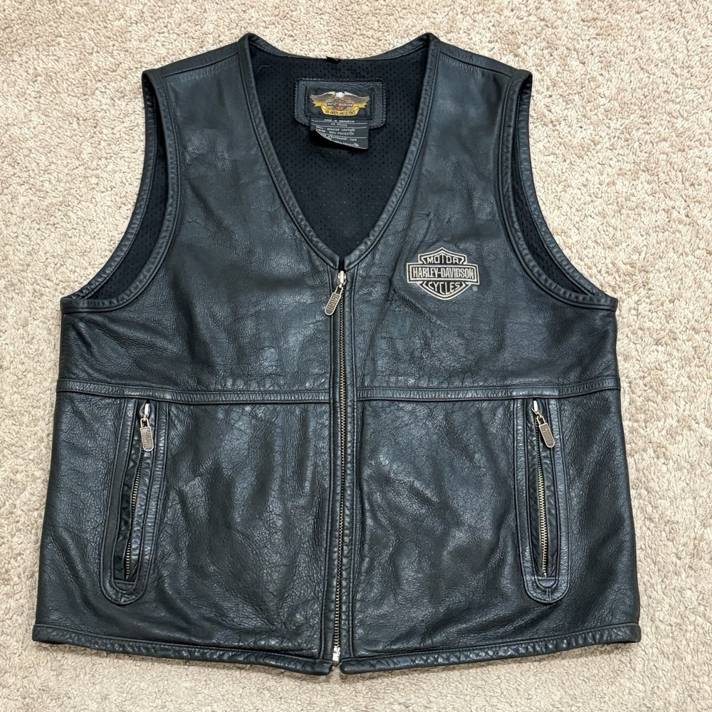 Vintage Harley Davidson Leather Vest Men Large Black Full Zip Embroidered Logo